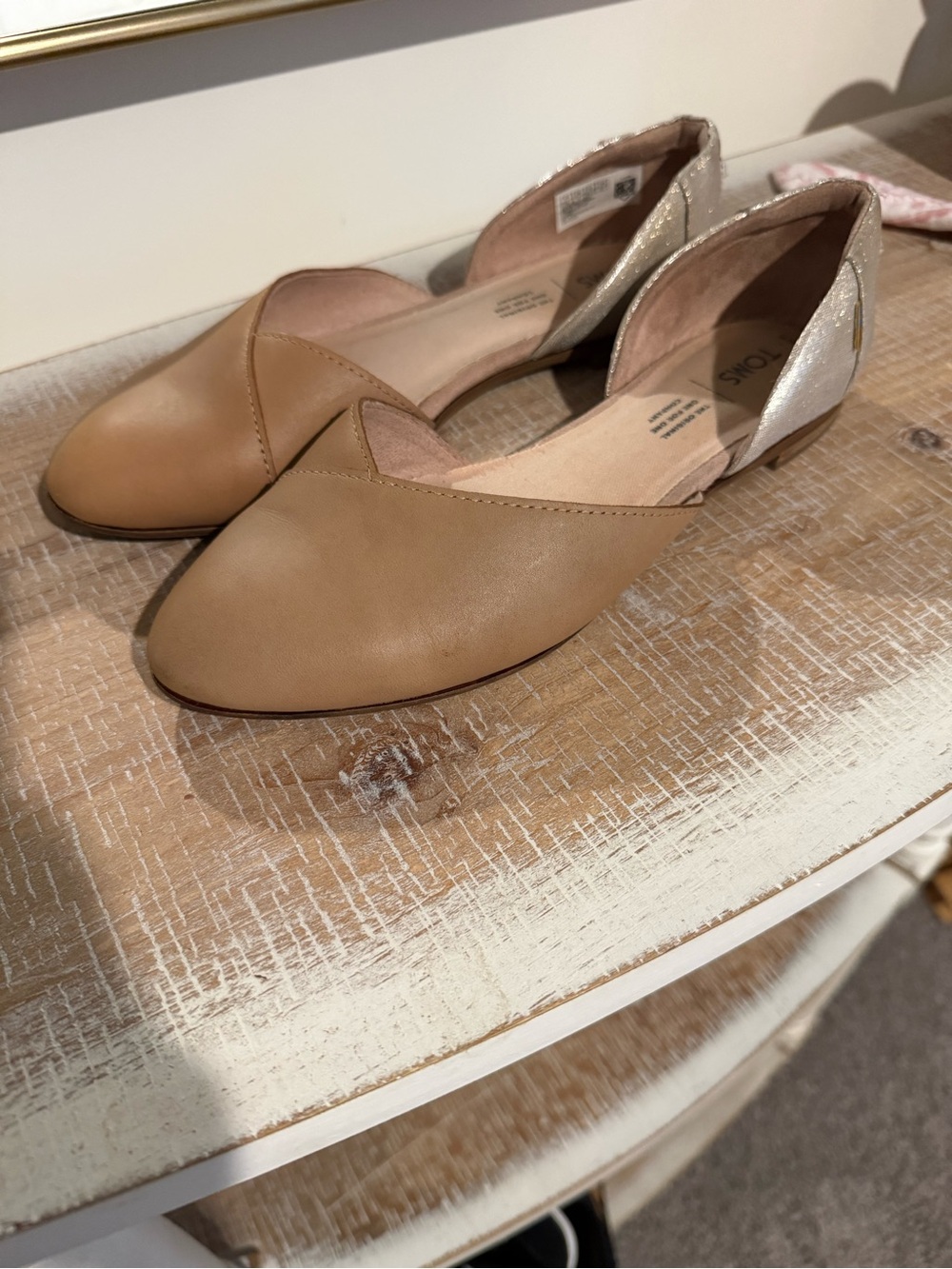 TOMS Women's Tan D'Orsay Flats with Metallic Silver Heel